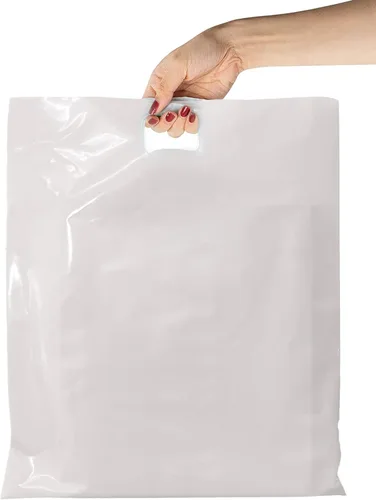 APQ - Paquete de 500 bolsas de compras blancas con mango troquelado de 15 x 18 x 4 pulgadas de grosor de 1,25 mil. Bolsas de polietileno de baja