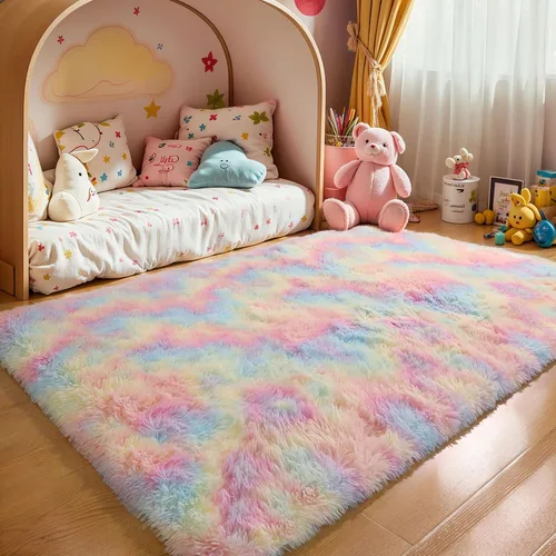 KCHOWUA Alfombras Esponjosas y Peludas de Unicornio para Dormitorio de Niñas, 3x5 pies Lavable Antideslizante Alfombra de Área Shag Peluda para Sala