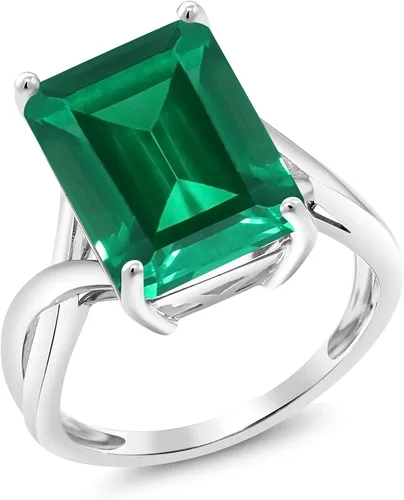 Miniatura 4 de Gem Stone King Anillo de compromiso de esmeralda simulada de oro blanco de 10 quilates para mujer