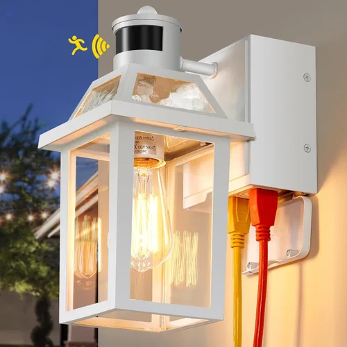 Yisuro Luces de Porche con Tomacorriente GFCI, Sensor de Movimiento de Anochecer a Amanecer para Exteriores, Luminaria Exterior con 3 Modos de