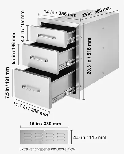 Miniatura 2 de VEVOR Cajones de cocina para exteriores de 14 x 20.3 pulgadas, cajones triples de montaje empotrado, 14 pulgadas de ancho x 20.3 pulgadas de alto x