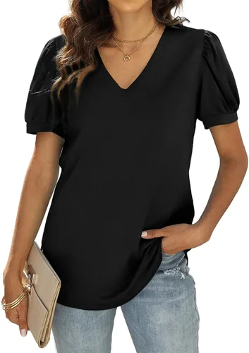 Miniatura 2 de WIHOLL - Blusas de verano para mujer, con cuello en V y mangas abullonadas, camisetas de moda casual