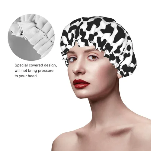 Miniatura 4 de Gorro de ducha de granja de animales abstractos de piel de vaca en blanco y negro para mujer, doble capa impermeable ajustable, gorra de baño