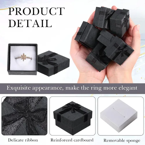Miniatura 6 de Bucherry 72 cajas de anillos de 1.6 x 1.6 pulgadas, caja de joyería de cartón duro con lazo de cinta, pequeñas cajas de regalo para pequeñas Negro