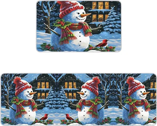 Miniatura 11 de Prime Leader Juego de 2 tapetes de cocina con diseño de muñeco de nieve de Navidad, copos de nieve, azul marino, antideslizantes, tapetes lavables