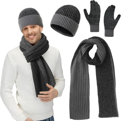 Guantes para hombre para clima frío invierno cálido de felpa gris oscuro gorro de punto grueso para Navidad Año Nuevo regalo de cumpleaños para