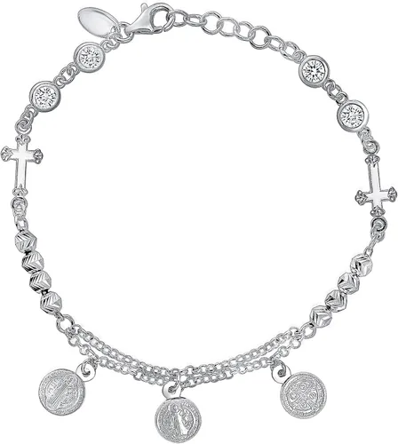 World Jewels Pulsera de plata de ley 925 con dije italiano de San Benito pulseras ajustables para mujeres y adolescentes pulsera de cruz piedras de