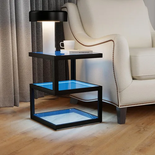 Miniatura 8 de Mesa auxiliar de vidrio Permory, mesa lateral de 3 niveles con tira de LED, mesa de diseño único en forma de S para sala de estar y dormitorio