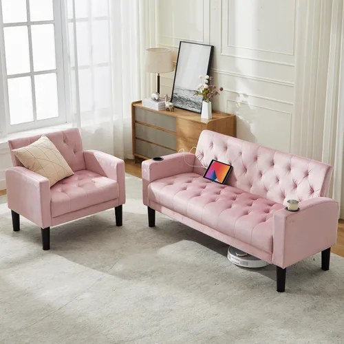 Miniatura 11 de TYBOATLE Sofá loveseat de 62" de ancho con 2 puertos de cargador USB y 2 portavasos, sofá de amor pequeño tapizado de cuero negro estilo moderno