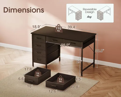 Miniatura 3 de Casaottima Escritorio pequeño para computadora de 40 pulgadas con 6 cajones, escritorio de almacenamiento reversible para oficina en casa, mesa
