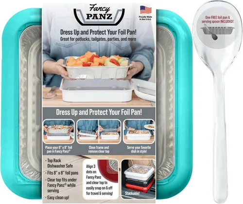 Fancy Panz - Portasartén de papel de aluminio Aqua de 8x8 pulgadas con tapa - Bandeja de servicio de alimentos elevada - Portasartén portátil con