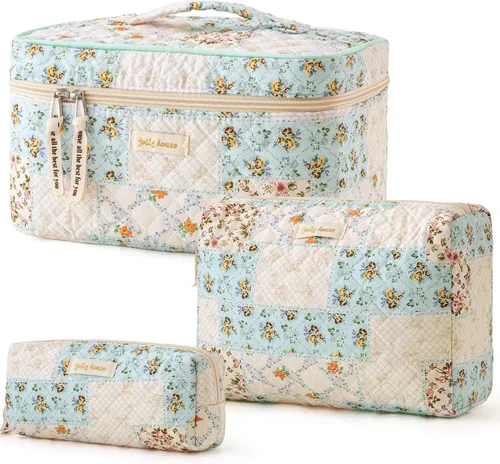 Miniatura 9 de HBselect Bolsa de maquillaje acolchada, 3 piezas de algodón grande, bolsa de maquillaje de viaje, bonita bolsa de maquillaje floral de coqueta