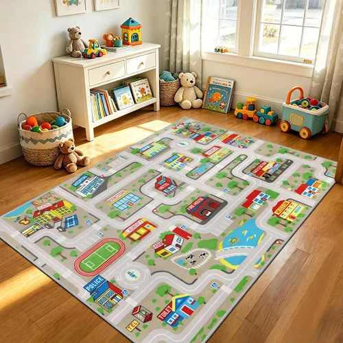 Miniatura 21 de Capslpad Alfombra Azul de Coche y Carretera para Niños, Alfombra de Juego para Sala de Juegos, Alfombra Antideslizante Lavable con Mapa de la Ciudad