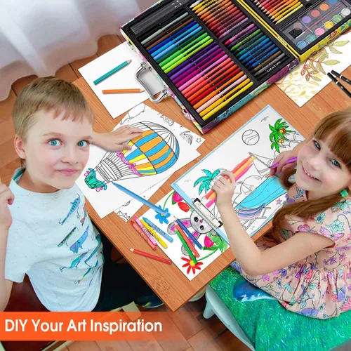 Miniatura 6 de Suministros de arte, juego de 180 piezas para dibujar y pintar para niños, niñas, niños, adolescentes, juego de arte para colorear con estuche