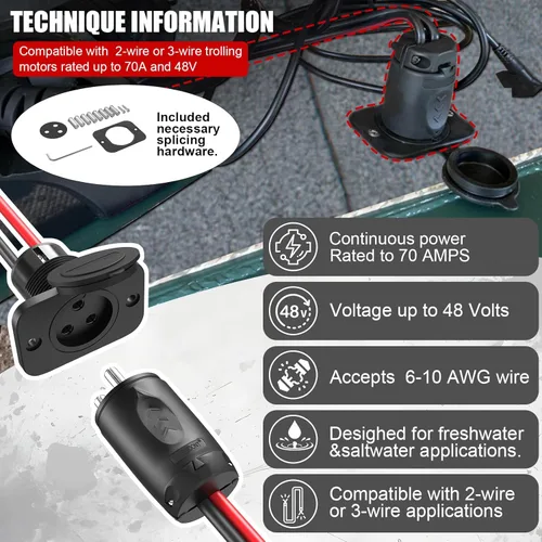 Miniatura 2 de Enchufe y Receptáculo de Motor de Arrastre 70A para Sistemas de 2 o 3 Hilos de 12-48V Compatible con Minn Kota para Barco Marino, Conector