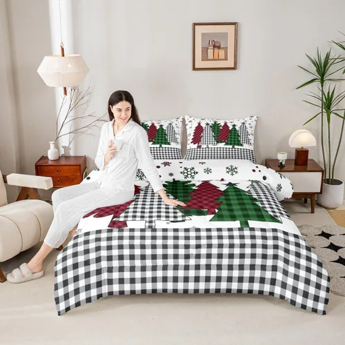 Miniatura 29 de Juego de edredón de Feliz Navidad para niños, tamaño twin, juego de ropa de cama de camión rojo árboles de pino copos de nieve, decoración