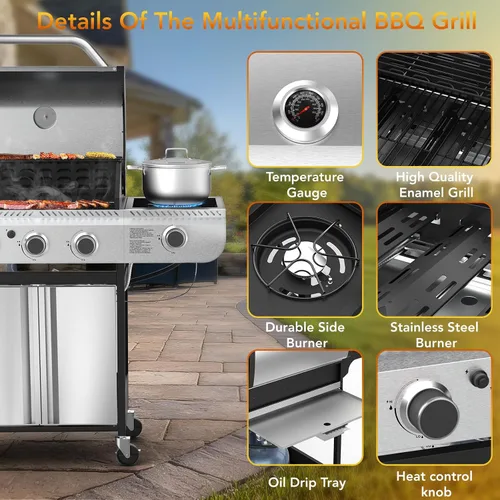 Miniatura 2 de Barbacoa de 3 quemadores de gas propano con quemador lateral, parrilla de barbacoa de acero inoxidable con rejillas de hierro fundido esmaltadas