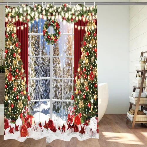 Miniatura 8 de Cortina de ducha de Navidad con ventana, cortinas de escena para baño, decoración de invierno, árbol de Navidad brillante, bañeras de baño, cortinas