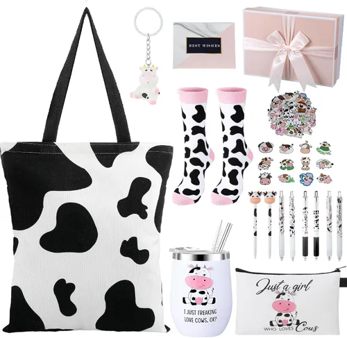 Aliceset Juego de 66 piezas de regalo con estampado de vaca para mujeres, amantes de las vacas, accesorios de cosméticos, bolsas de mano, tazas de
