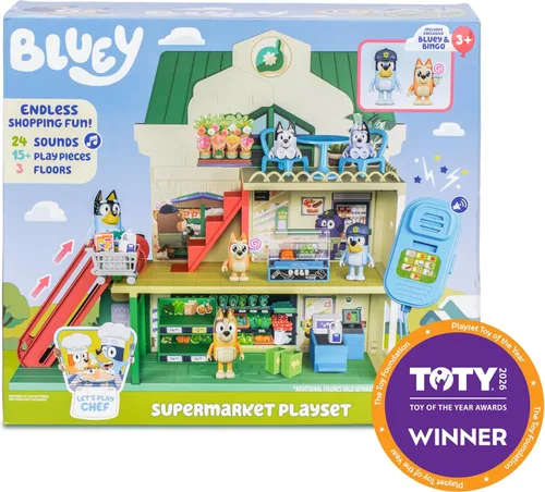 Miniatura 9 de Bluey Bluey - Juego de supermercado y bingo con escalera mecánica, juguetes de simulación para niños pequeños, sonidos y 15 piezas, juego de tienda