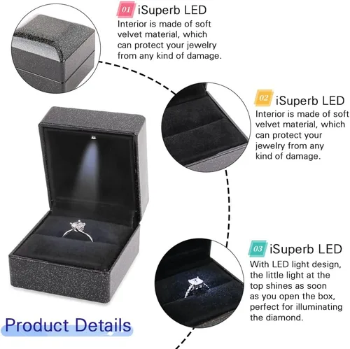 Miniatura 3 de iSuperb Caja de anillo con luces LED, 2 unidades, para propuestas, compromisos, bodas, regalos (paquete de 2 unidades, cielo estrellado, negro)