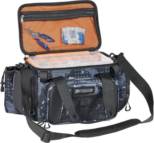 X Strike Bolsa de pesca - Almacenamiento impermeable con 4 cajas de aparejos 3600, bolsa de hombro de agua salada y agua dulce para camping, caza,