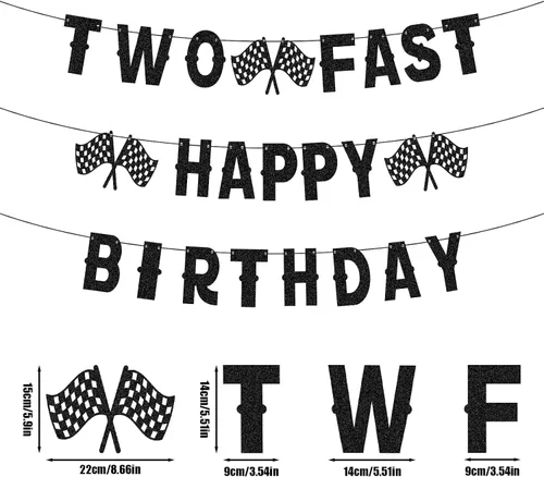 Miniatura 2 de Cartel de cumpleaños de coche de carreras, dos carteles de feliz cumpleaños en blanco y negro con bandera a cuadros preencordada para carreras