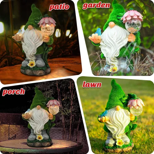 Miniatura 5 de Estatua de gnomo de jardín, divertida decoración de gnomo con luces solares de globo de cristal, adorno de gnomos de resina para patio, césped, Luz