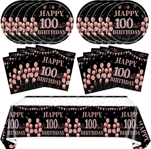 41 piezas de decoraciones de cumpleaños de 100 años para mujeres, color oro rosa y rosa, platos y servilletas de feliz cumpleaños de 100 años,