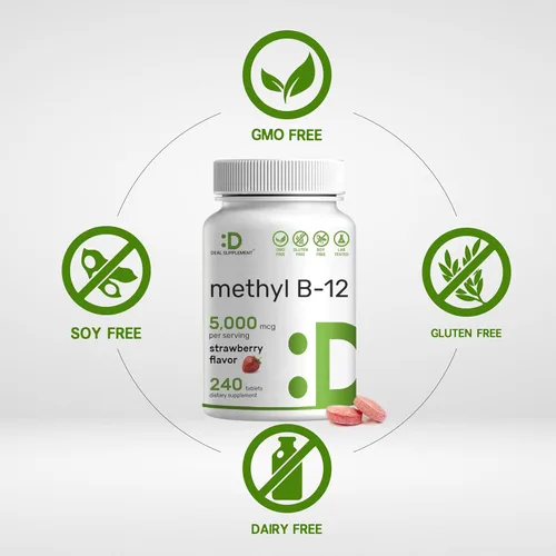 Miniatura 5 de DEAL SUPPLEMENT Vitaminas Metil B-12 de 5000 mcg, 240 tabletas masticables Forma activa – Sabor fresa – Apoyo energético y función de salud