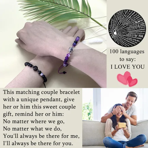 Miniatura 3 de LINY 2 pulseras para parejas con texto en inglés "I Love You" en 100 idiomas, regalos para parejas, para novio, novia, alma gemela