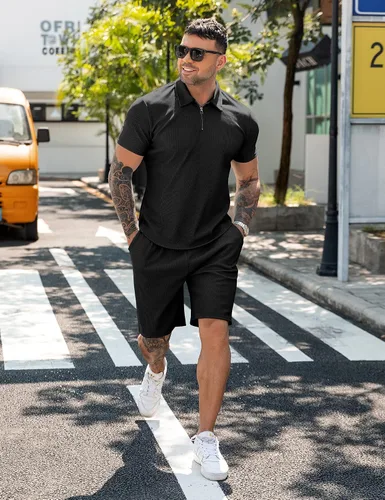 Miniatura 2 de URRU Conjunto de camisa polo y pantalones cortos para hombre, trajes de verano casuales de manga corta para hombre, conjunto de 2 piezas
