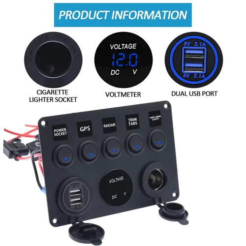 Miniatura 2 de KAOLALI Panel de interruptores de palanca de 5 bandas, panel de interruptores marinos automotrices, panel de interruptores impermeable de 12 V