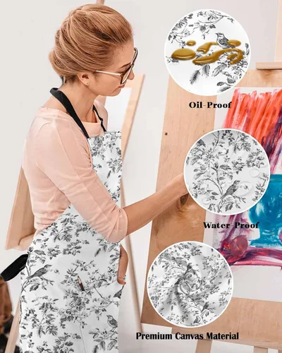 Miniatura 4 de Delantales de pájaros de flores para mujeres y hombres con bolsillos, diseño retro de ramas de árbol blanco y negro, floral, ajustable, impermeable