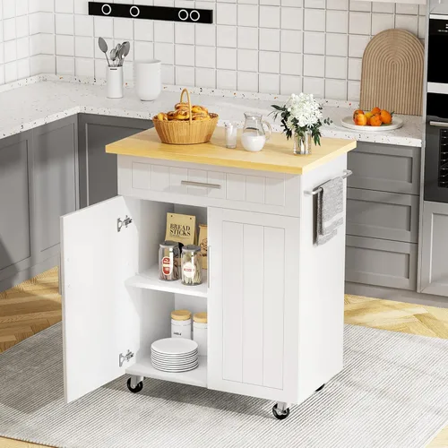 Miniatura 8 de JY QAQA Isla de cocina de 22" con ruedas con gabinete de almacenamiento, carrito de cocina con estantes, mango de carrito para toallero o movilidad