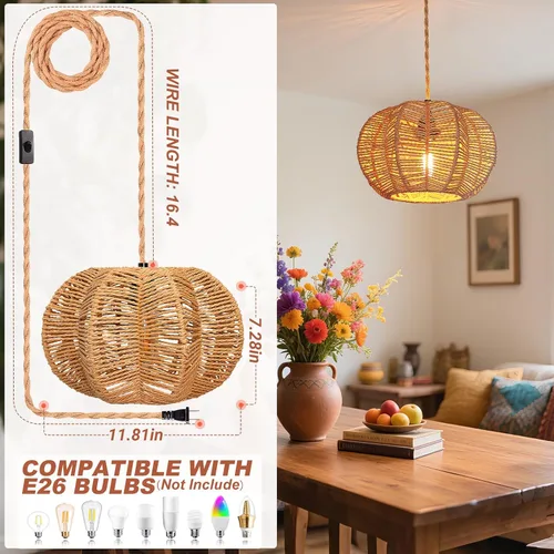 Miniatura 6 de Luces Colgantes con Cable de Enchufe, Lámpara Colgante de Ratán, Luminarias de Techo Boho, Lámpara Colgante de Estilo Rústico para Sala de Estar