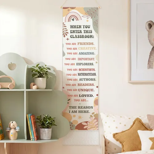 Miniatura 4 de Geetery Boho Classroom Rule Decor Class Welcome Door Sign Tapestry Wall Hanging Motivational Vertical Narrow Wall Art Inspirational Long Tassel