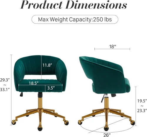 Miniatura 3 de Silla de escritorio giratoria para oficina en casa, moderna silla de escritorio de terciopelo, sillón de altura ajustable con base dorada, silla
