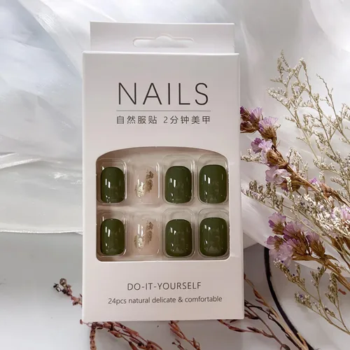 Miniatura 3 de 24 uñas postizas a presión de punta francesa, uñas postizas medianas con forma cuadrada, uñas adhesivas con purpurina y diamantes de imitación, uñas