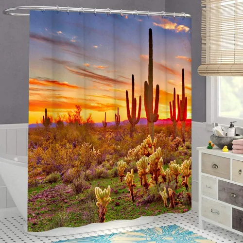 Miniatura 4 de LUKUY Saguaro - Cortina de ducha para el baño, diseño de paisaje del desierto de Arizona con cactus montaña al atardecer, tela de tela con ganchos