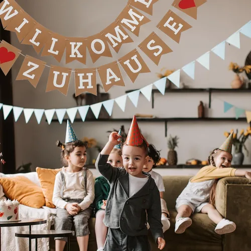 Miniatura 6 de Amosfun Banner de bienvenida a casa con letra alemana WILLKOMMEN ZUHAUSE - Guirnalda de banderines rústica para reuniones familiares, accesorios