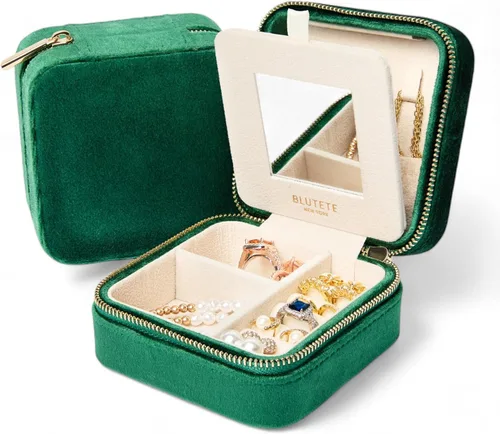 Miniatura 17 de BLUTETE Organizador de Joyería de Viaje Caja de Terciopelo de Viaje con Espejo Caja Organizadora de Anillos, Aretes y Collares (Rosa Berry)