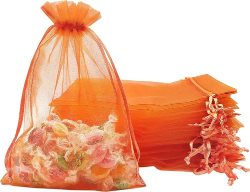 Jexila - 100 bolsas de organza naranja de 5 x 7 pulgadas con cordón para calabazas de Halloween, bolsas de regalo para niños, bolsas de dulces,