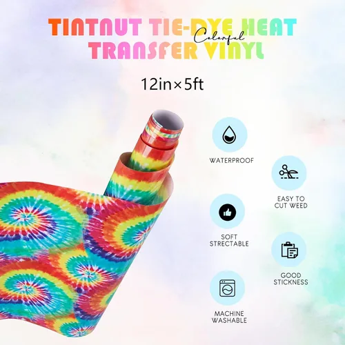 Miniatura 2 de Tintnut Rollo de vinilo de transferencia de calor de teñido anudado, rollo de 12 pulgadas x 5 pies, rollo de color degradado, remolino para planchar