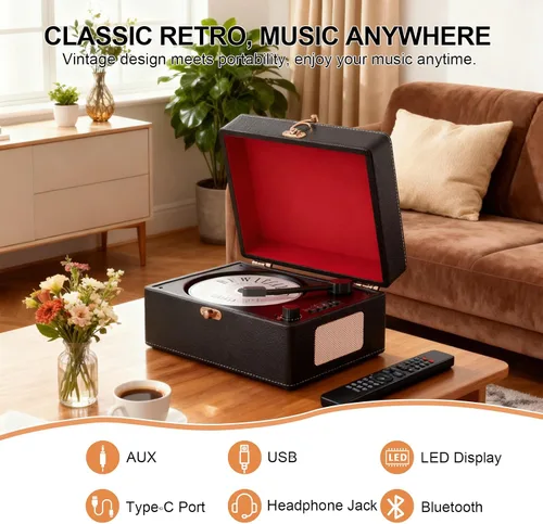 Miniatura 2 de Reproductor de CD portátil Bluetooth, reproductor de CD retro negro para reproductor de música en el hogar, batería recargable y altavoces