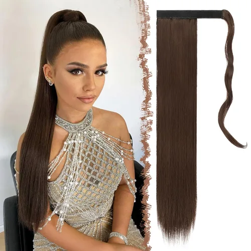 Miniatura 9 de FESHFEN Extensiones de cola de caballo largas y rectas, extensiones de cola de caballo sintéticas para mujer, color negro natural, 24 pulgadas
