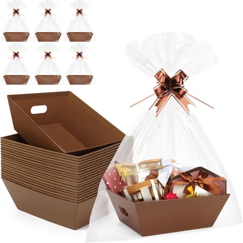 Miniatura 14 de AFOROEOA Paquete de 10 cestas vacías para regalos, cesta de regalo de papel kraft de 10 x 12 pulgadas de grosor con 10 lazos, 10 bolsas vacías
