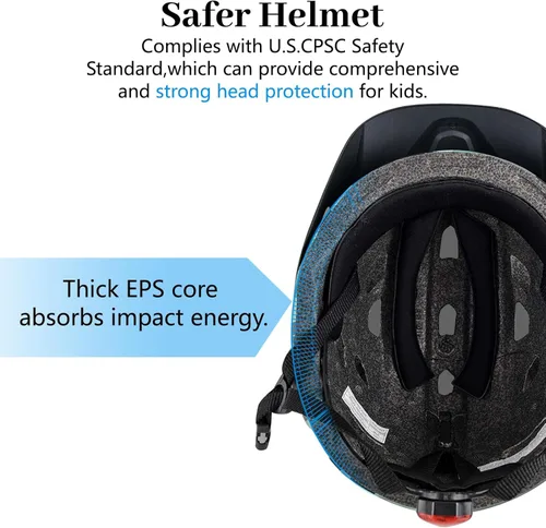 Miniatura 7 de Casco de bicicleta para niños, casco ajustable para niños y jóvenes con visera desmontable y luz LED para niños de 3-5/5-8/8-12 años, casco Azul