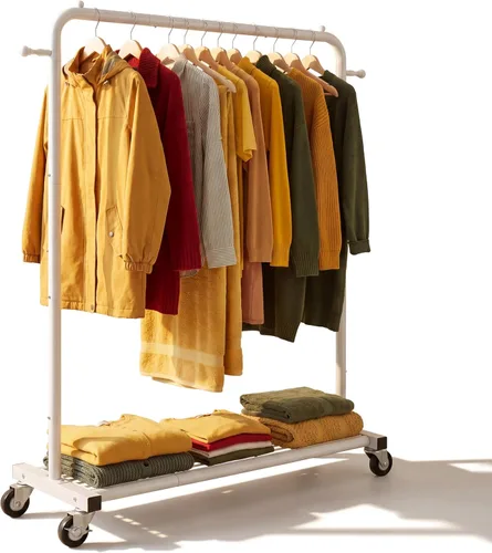 Miniatura 9 de Sywhitta Perchero con ruedas con estante de almacenamiento de malla y marco de metal resistente, perchero con ruedas para colgar ropa, abrigos