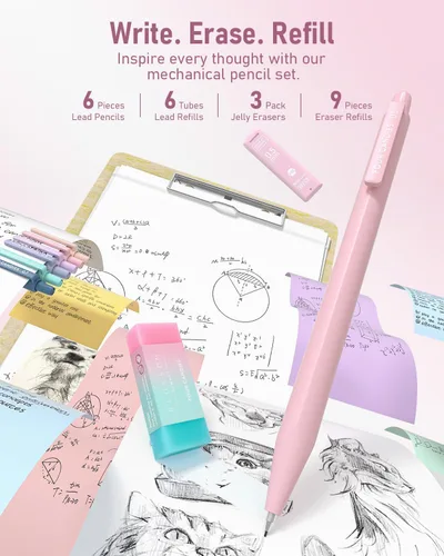Miniatura 5 de Four Candies 39 piezas de suministros escolares estéticos con bonito estuche para bolígrafos, 12 resaltadores pastel, 5 bolígrafos de gel de tinta